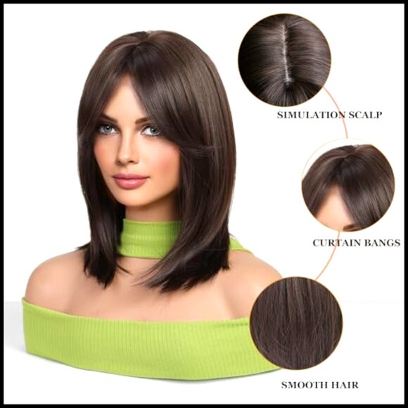 Synthetic Bob Wig with Curtain Bangs Heat Resistant Adjustable Cap Party Cosplay